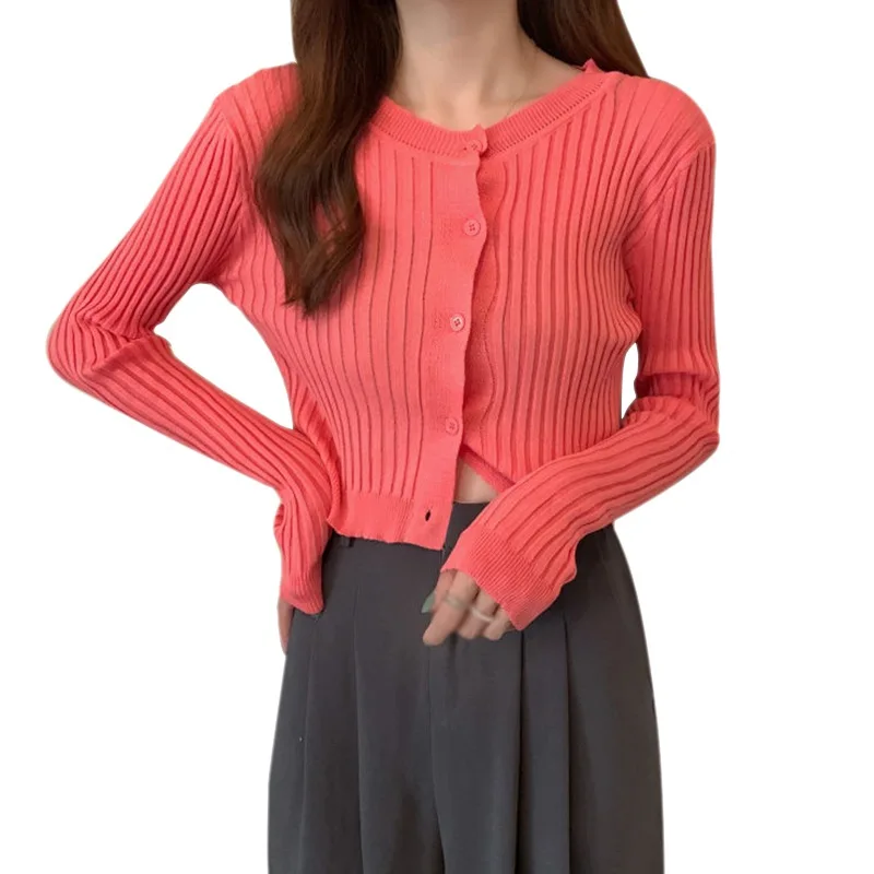 

Female Autumn Spring Knitted Long-sleeved Shirt Sun Protection Thin Outer Wear Cardigan Round Neck Inner Coat