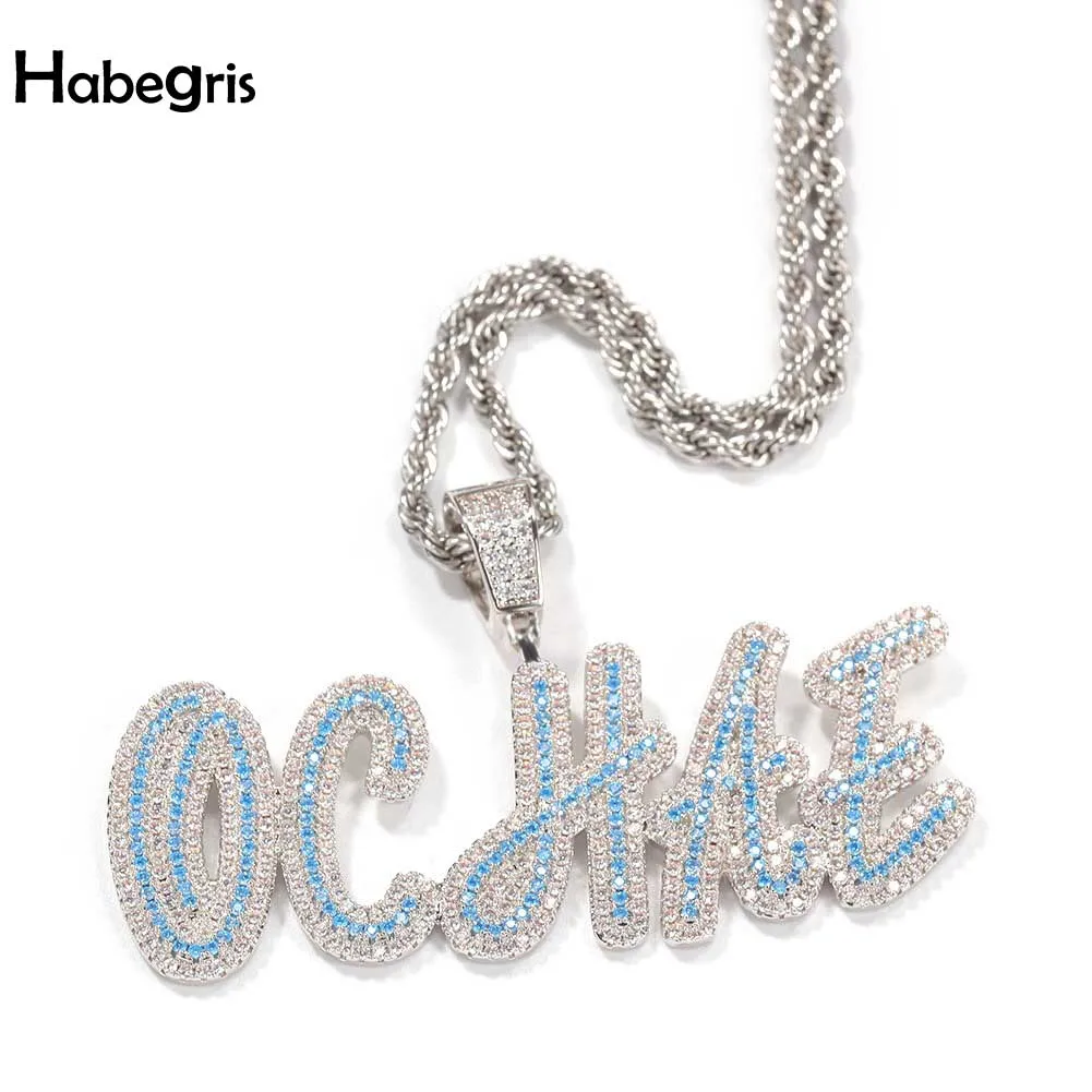

Cursive Style Letter Customized Name Necklace Blue Zircon Pink Zircon Iced Out CZ Stone Pendant Hiphop Jewelry Best Gift