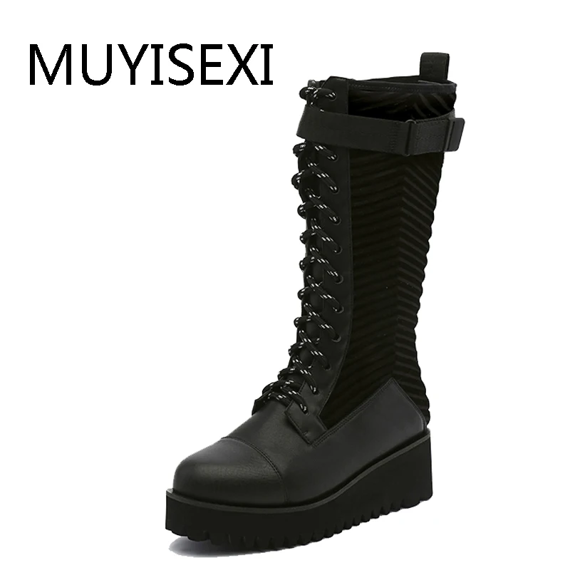 

Genuine leather lace up med heels round toe punk superstar equestrian boots buckle fasteners high knee boots HL175 MUYISEXI