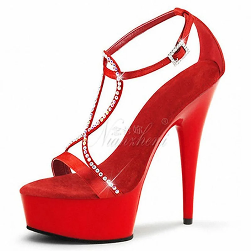 

Mclubgirl 15cm Heels Solid Color Round Head Patent Leather Fashion Crystal Sandals Cross Leg Strap Rhinestone High Heels LYP