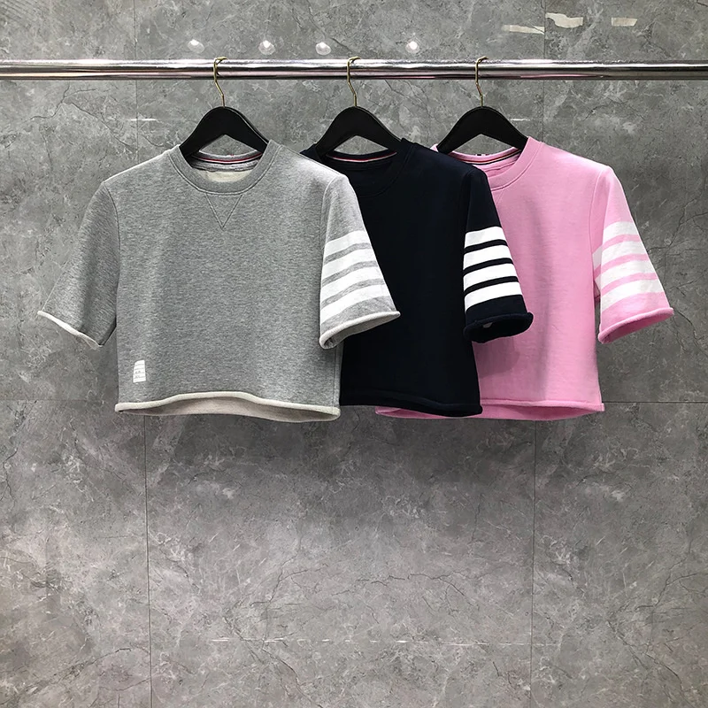 

TB Fashion 2021 Thom Brand Short T-Shirt Women Loose Sport Clothing Hip Hop Half Sleeve Summer O-neck Striped Cotton Shirts
