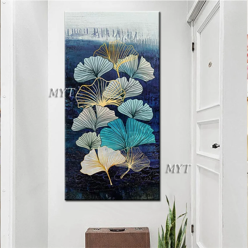 Textured Gold Lines Abstract Ginkgo Flower Canvas Oil Painting Modern New Arrival Hand-painted Wall Art Decor For Living Room | Дом и сад