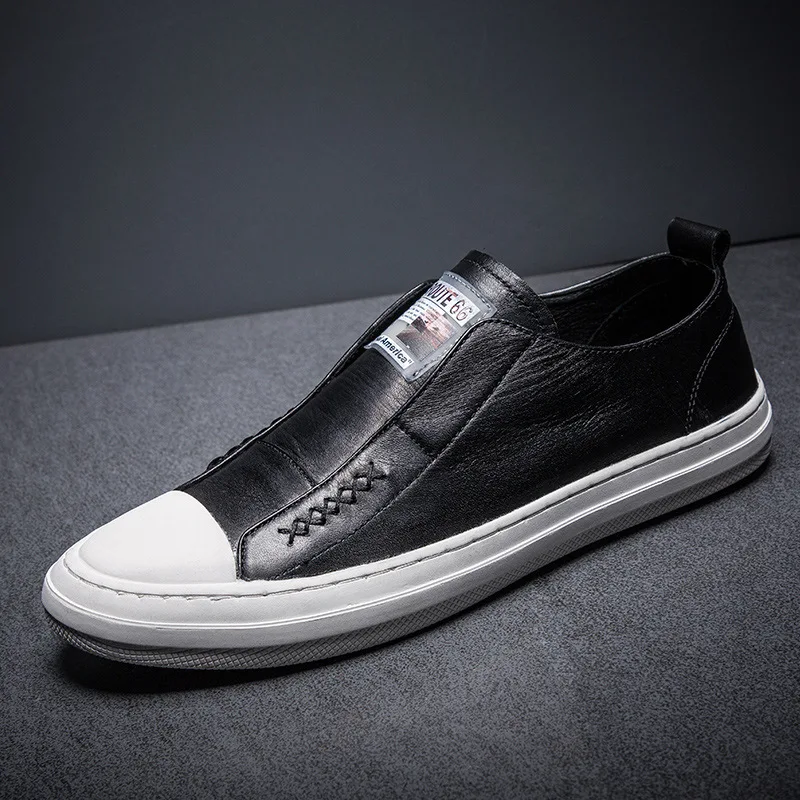 

Free shipping Men's genuine Leather shoes 2020 autumn newcasual shoes trend leather top layer slip-on foot white shoes