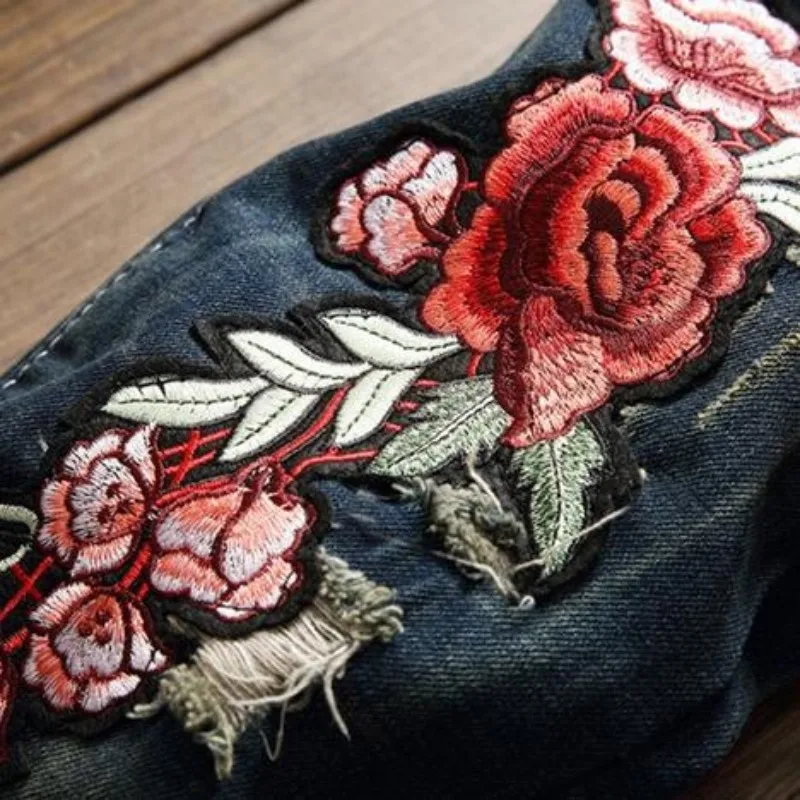 Джинсы мужские прямые с цветочным принтом модные облегающие повседневные штаны