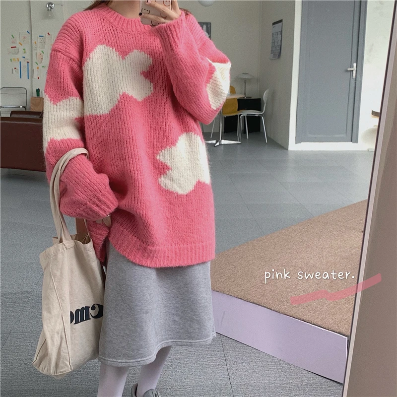 

Sweet Pink Kawaii Women Sweater 2020 Japanese-Style Casual O-Neck Hit Color Little Cloud Oversized Long Knitwear Female 5R099
