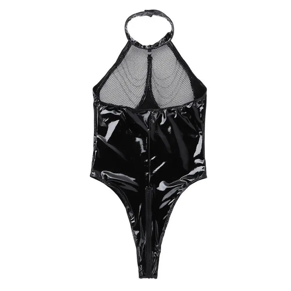 

Plus Size Zipper Open Crotch Leather Female Bodysuit Sexy Mesh Lingerie Erotic Transparent Bare Breast Leotard Chain Belt Sexi