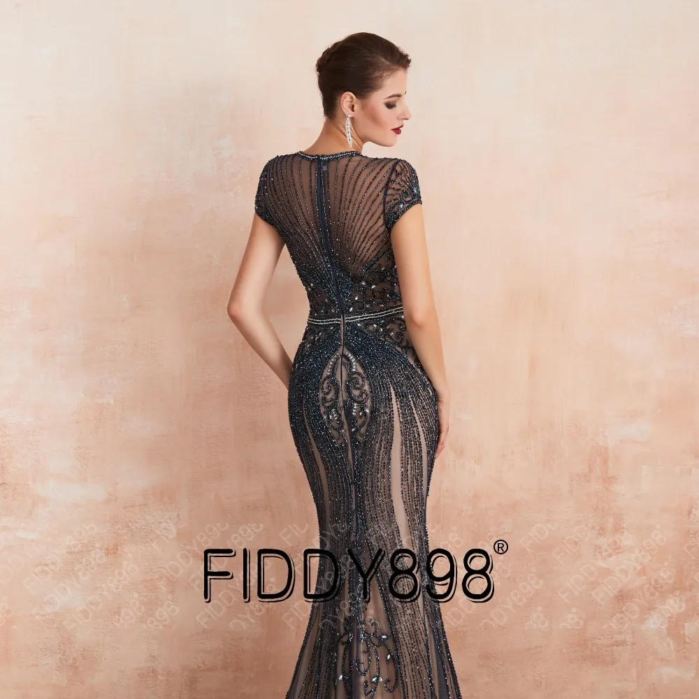 Роскошные Русалка вечернее платье 2020 Кепки рукава полностью вышитое бисером