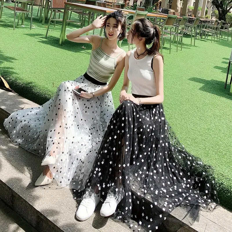 

Lace Embroidery High Waist Skirt for Women 2021 Summer Bohemian Print A-LINE Element Wave Point Fashion Casual Mid-length Skirts