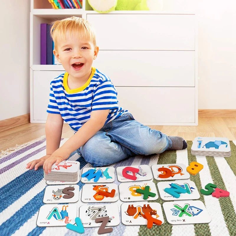 

Набор деревянных карточек с цифрами алфавита для малышей, карточки-Пазлы животных, Обучающие игрушки, подарок для детей