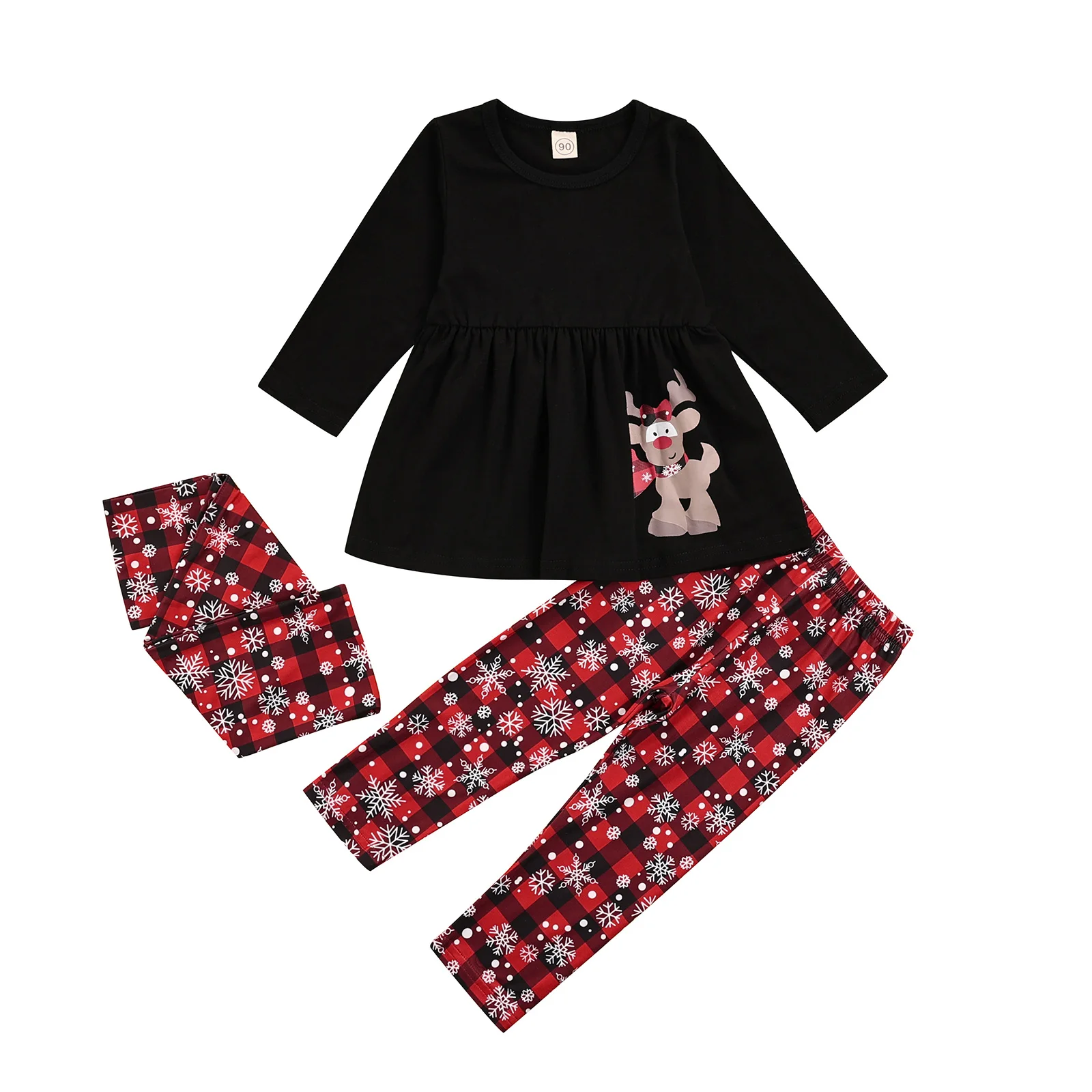 

3Pcs Girls Christmas Tracksuit, Reindeer O-Neck Long Sleeves Pullover + Plaid Pants + Scarf for Kids, 1-6 Years
