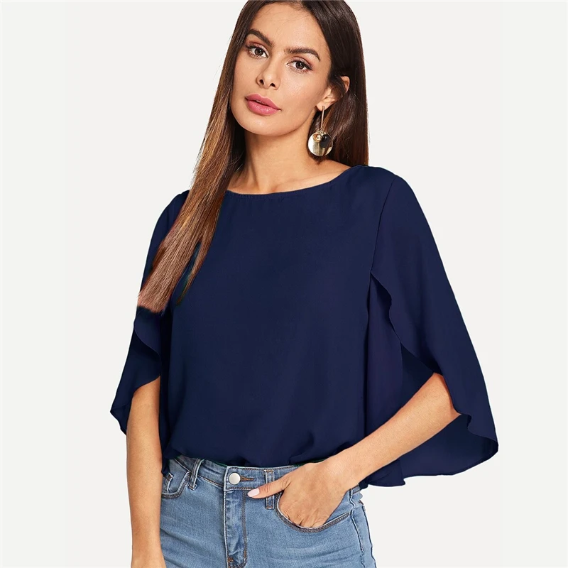 SHEIN Нарядная Одноцветная Блузка С Оригинальным Рукавом Элегантная Осенняя Блузка Для Офиса Современные Женские Топы