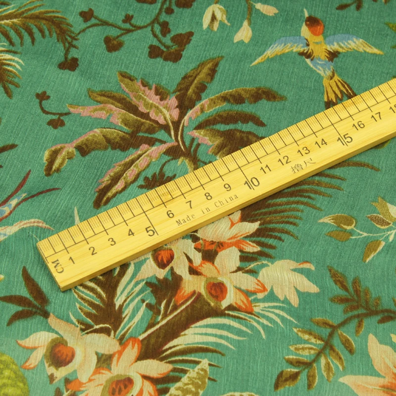 Шелковая ткань жоржет с цветочным и птичьим принтом очень мягкая прозрачная