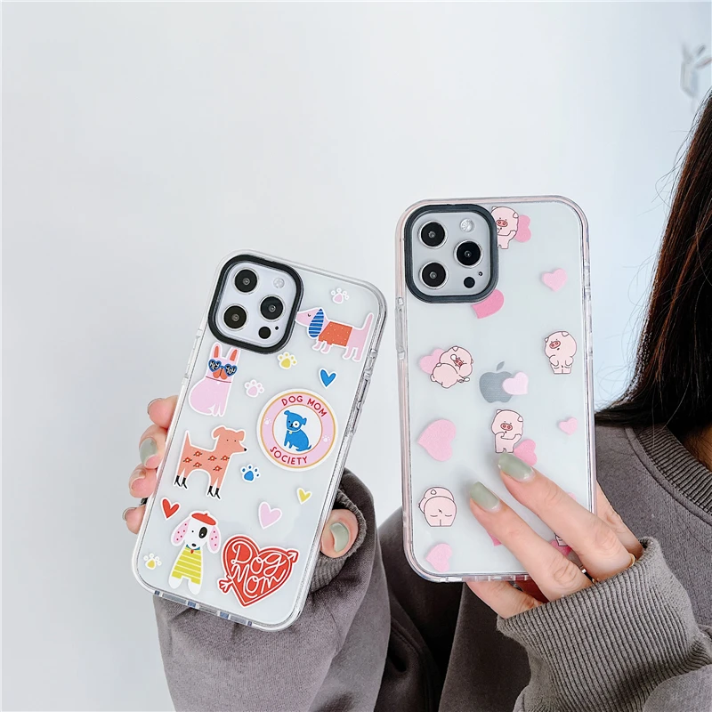 

Cute Cartoon Animals Phone Cases For iPhone 12 Mini 11 Pro XS MAX X XR 7 8 Plus SE 2020 Double Color Frame Soft TPU Cover 12Pro