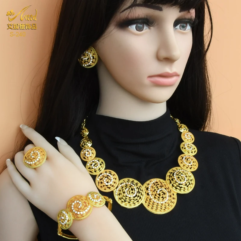 

Nigerian Jewellery Dubai 24K Gold Color Jewelry Sets Woman Round Crystal Necklace Earrings Bracelet Rings African Wedding Set