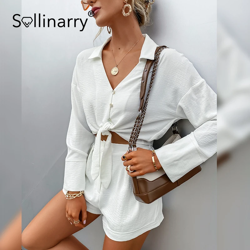 

Sollinarry Summer White Two-piece Women Suit V-neck Button Lace-up Top Short Sets Casual Elegant Solid Button Ladies Suits 2021