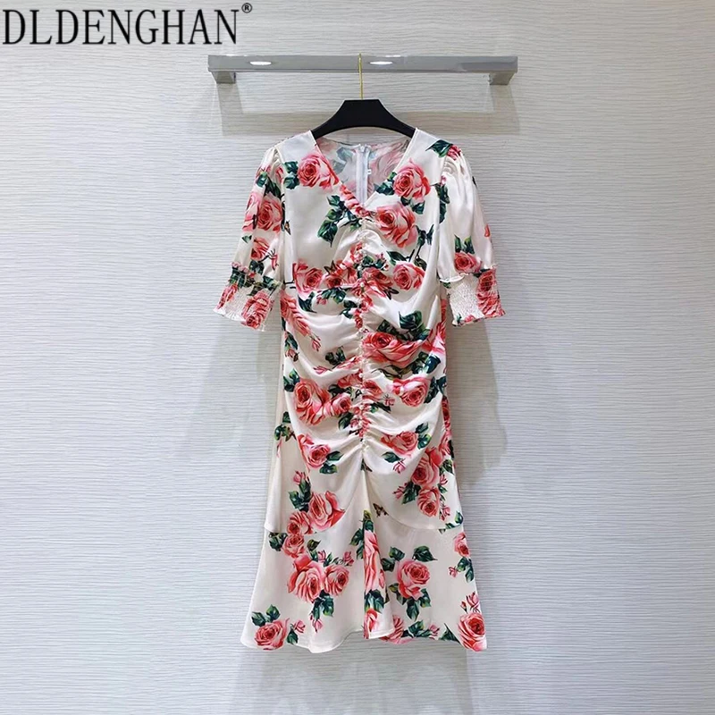

DLDENGHAN, модное дизайнерское платье с цветочным принтом для женщин, v-образный вырез, рукав до локтя, праздничные мини-платья, летние женские пл...