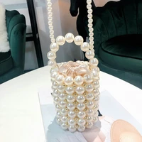 handmade big pearl bucket bag women hand woven high quality silvery mini beaded pearl evening shoulder bag ladies dinner party