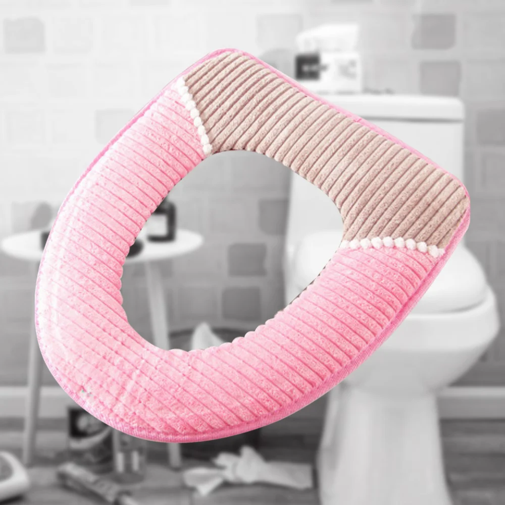 

Toilet Seat Winter Home Warm Corduroy Stripe Sticky Buckle Waterproof Toilet Set Thickened Toilet Cushion (Beige)