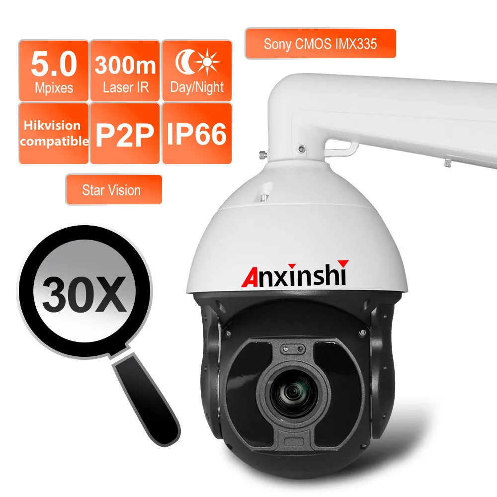 

Уличная высокоскоростная Купольная PTZ-камера POE 5 МП, 300 м, ИК-лазер, ночное видение, H.265 и H.264, IP-камера видеонаблюдения Onvif P2P