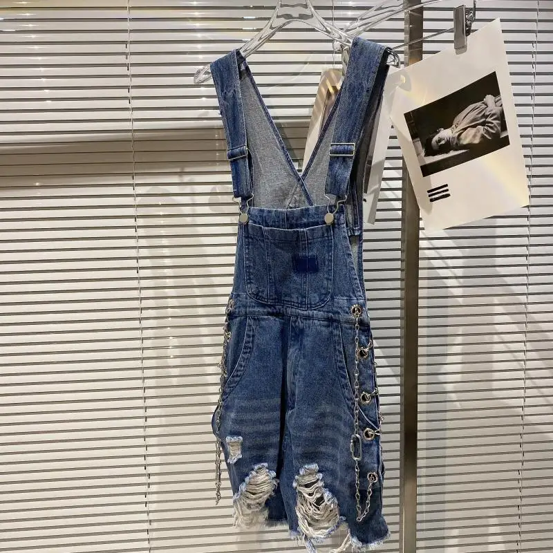 

2021 Summer New Street Fashion Metal Chain Lace-up Scratch Casual Denim Brace Shorts