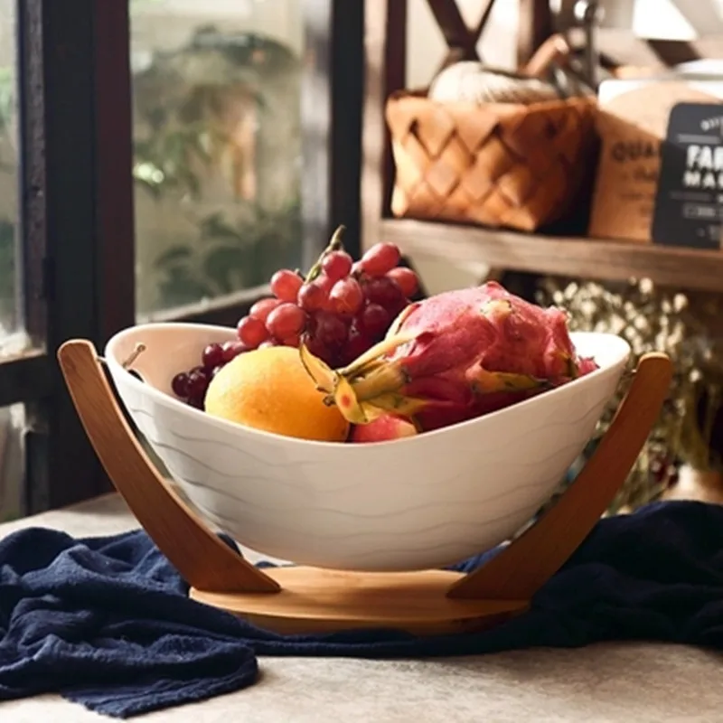 

Porcelain Serving Tray with Bamboo Rack Ceramic Cradle Dinner Plate Decorative Tableware Ornament Craft for Fruit and Salad