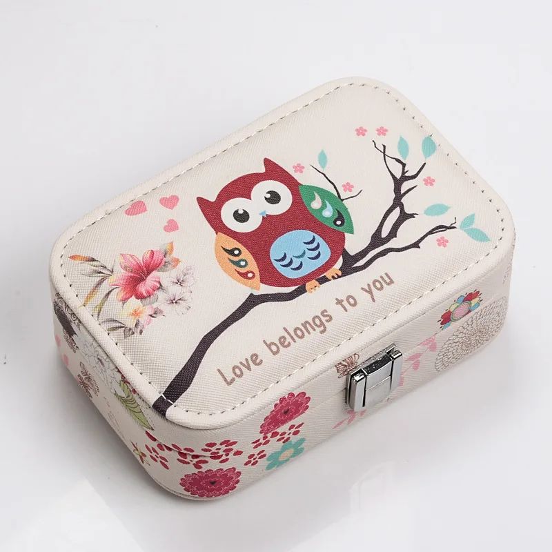 

Cute Owl Jewelry Organizer Display Travel Jewelry Case Boxes Portable Jewelry Box Button Leather Storage Zipper Jewelers