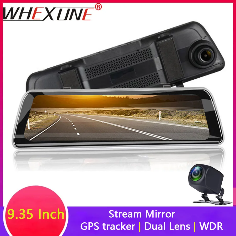 WHEXUNE потоковая 9,3" ips сенсорная Автомобильная зеркальная видеокамера gps трек WDR Full HD 1080P Даш-камера с 720P тыловой камерой рекордер DVR