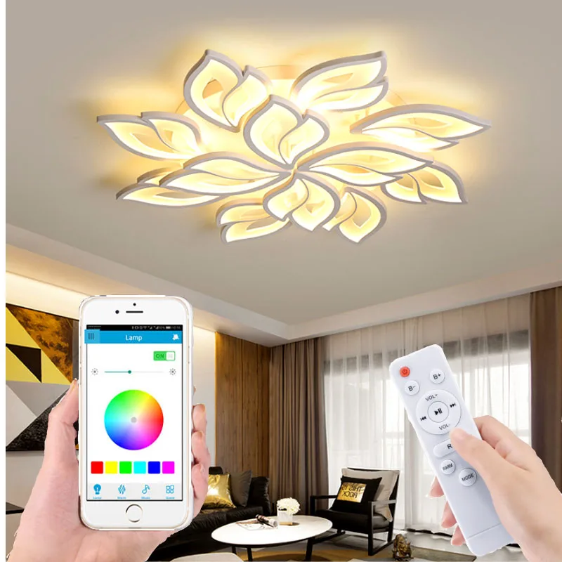 Iluminación directa de fábrica para dormitorio, lámpara LED de techo con control remoto/aplicación inteligente para sala de estar, luces acrílicas de flores blancas para hotel
