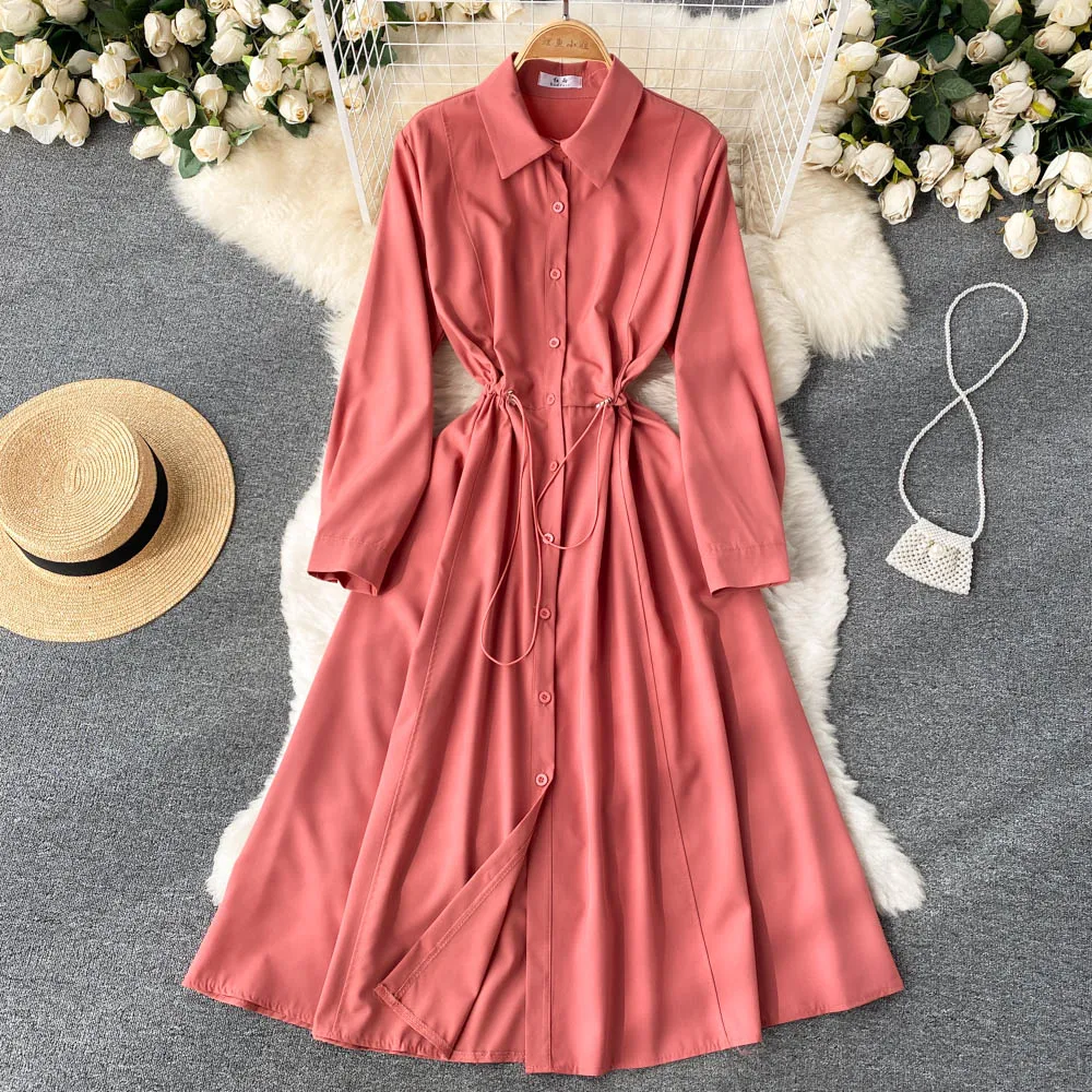 

C972 Women New Fashion Spring Autumn Lace Up Waist Slim Retro Long Sleeve Solid Color Irregular A-line Dress Casual Vestidos