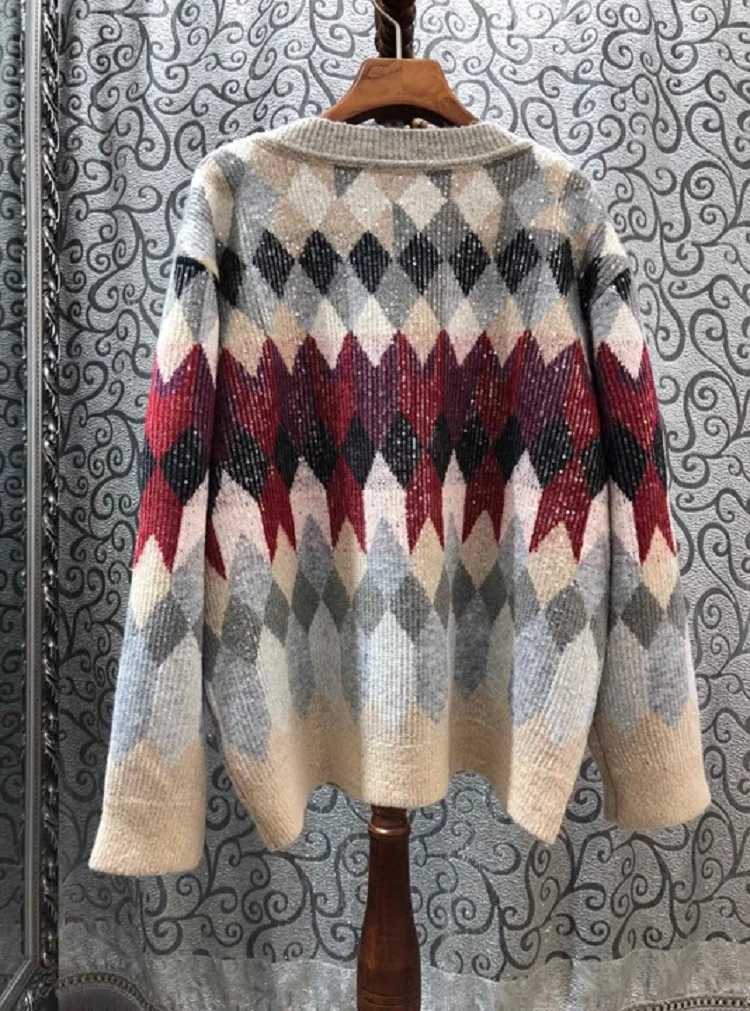 

High Quality Sweaters 2020 Spring Autumn Pullovers Women V-Neck Geometric Patterns Knitting Sequined Long Sleeve Casual Jumpers