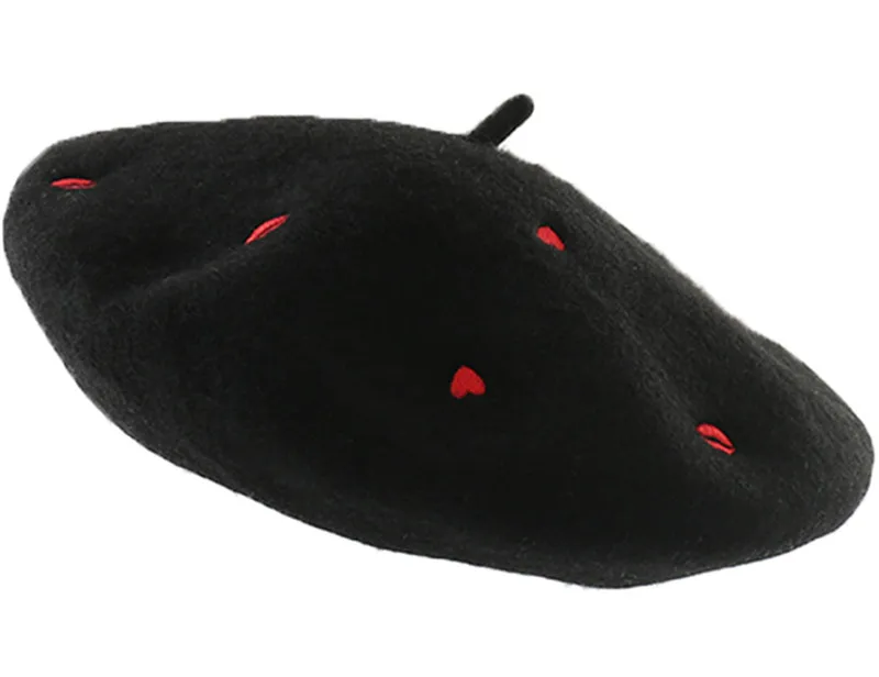 Женский шерстяной берет с вышивкой в виде губ и сердец во французском стиле |