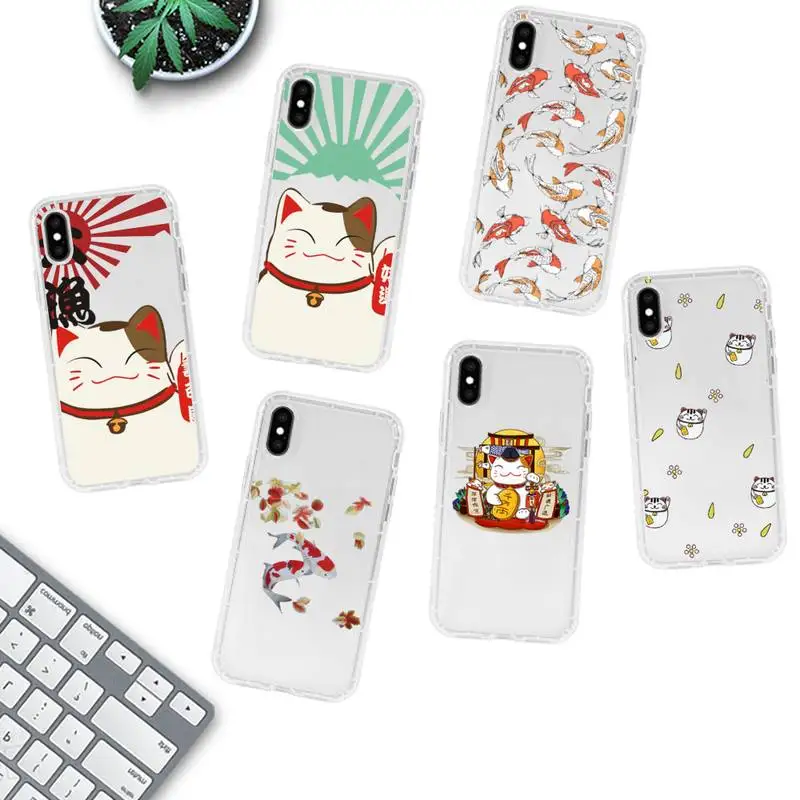 

Japan Koi Fish Cherry Blossom Lucky Cat Phone Case for iPhone 11 12 13 mini pro XS MAX 8 7 6 6S Plus X 5S SE 2020 XR clear case