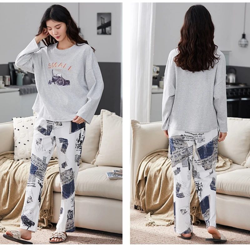 

Pajamas women spring and autumn knitted cotton gray long-sleeved Korean style summer thin style outing home service two-piece su
