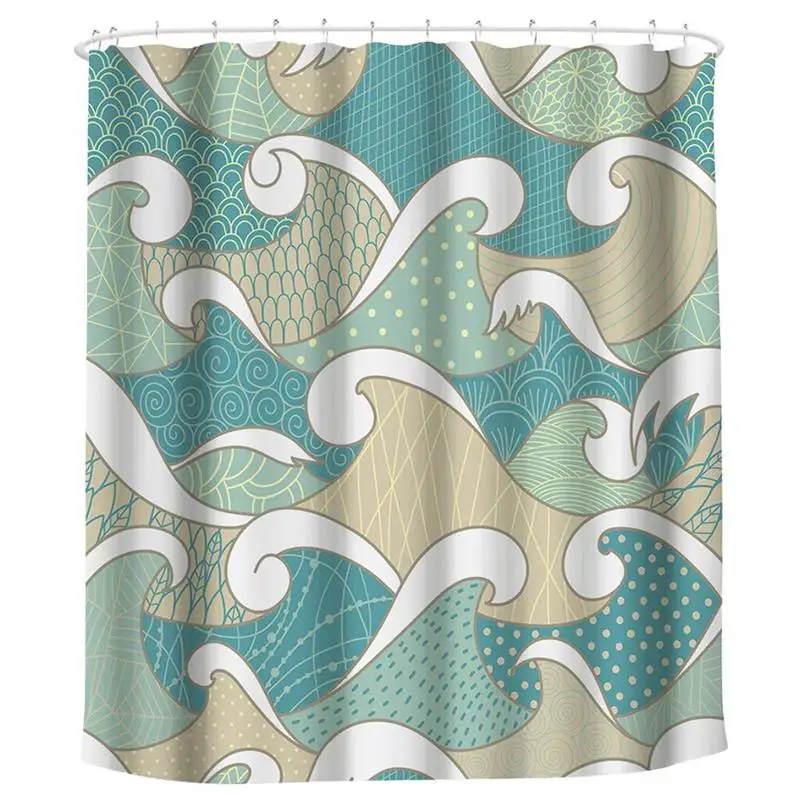

Japanese Wave Shower Curtain Waterproof Curtain Geometric Sea Wave Bathroom Curtain Set with 12 Hooks