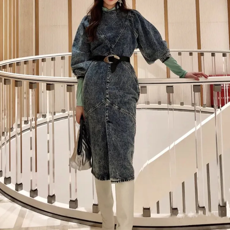 Женское джинсовое платье миди с рукавом-фонариком новинка 2020 модные халаты