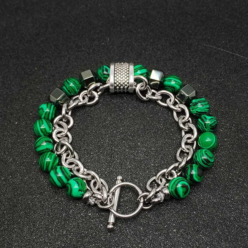 Зеленый бисер браслет для мужчин нержавеющая сталь натуральный камень цепочка с