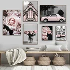 Винтажные постеры и принты в скандинавском стиле, Настенная картина с изображением цветов, роз, ТРАМ, розового автомобиля, для украшения гостиной