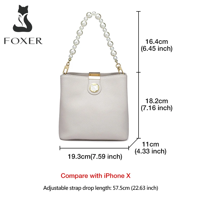foxer natural leather ladies pearl portable bucket bag casual fashion shoulder bag large capacity office women messenger bag free global shipping