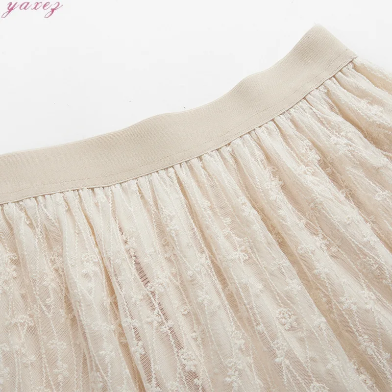 

Lace Long Skirt Women Korean Pleated Skirt High Waist Female Skirt Harajuku Clothes Plus Size Skirts Womens Mesh Ankle-Length