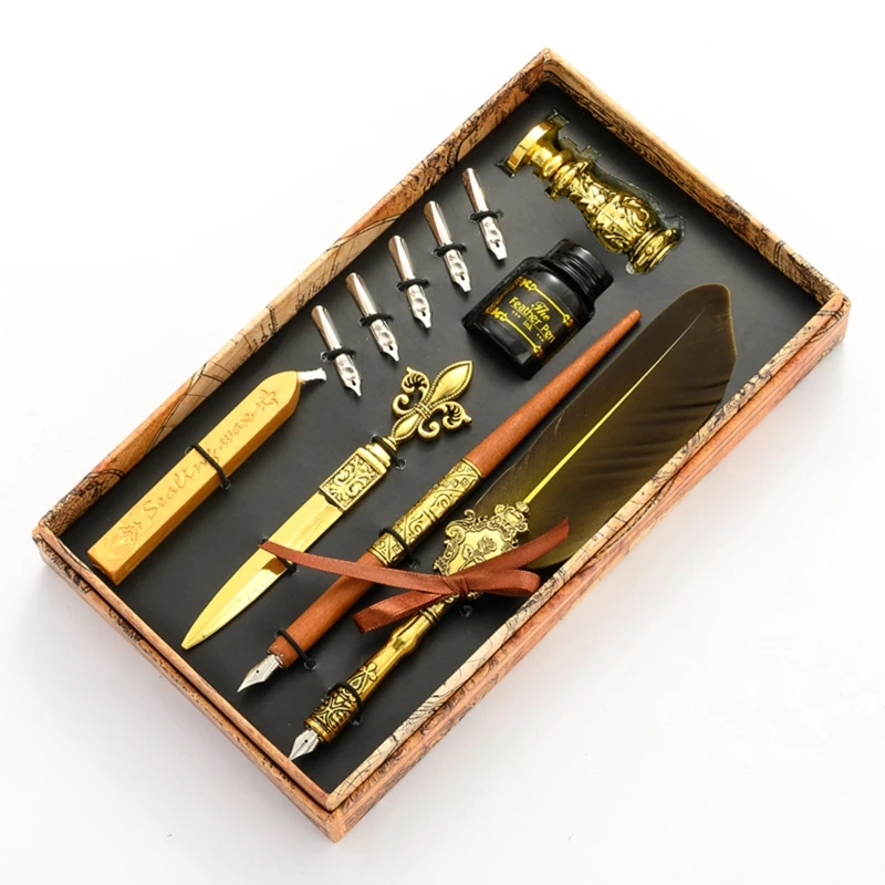 

Calligraphy Quill Feather Dip Pen Fountain Writing Ink Nibs Seal Wax Gift Box