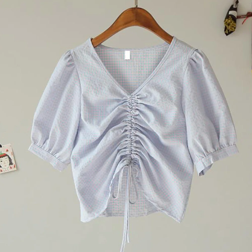 2020 Women Puff Sleeve Drawstring Small Plaid V-Neck Shirt Korean Chic Ladies Smock Ruched Short Blouses Femininas Tops |
