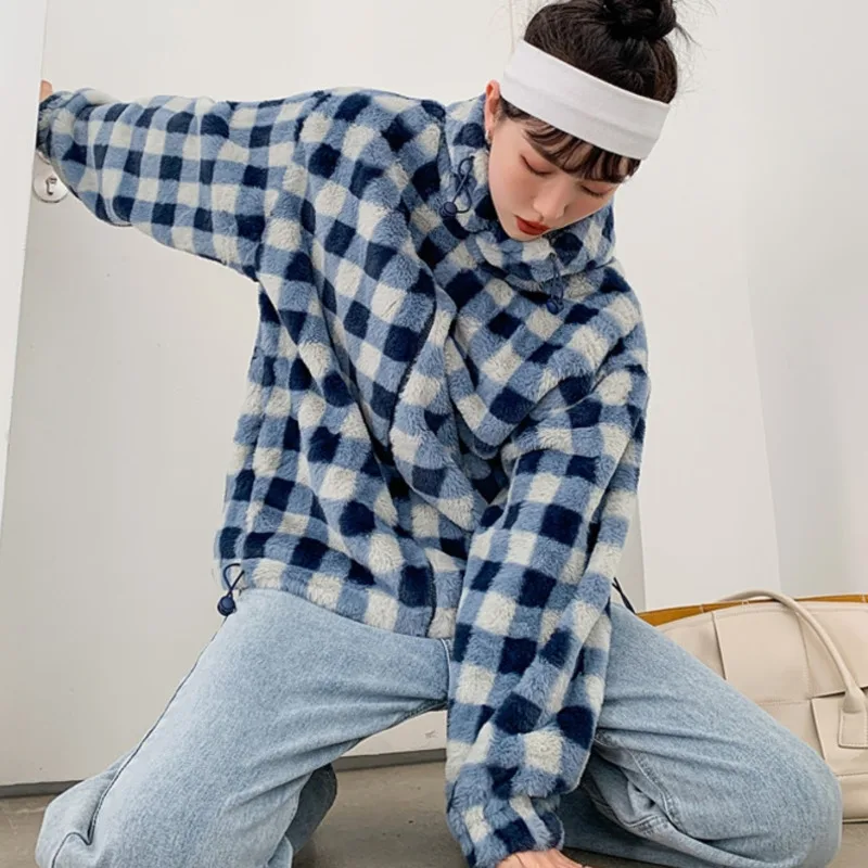 

LANMREM Women's Blue Plaid Plush Hooded Jacket With Fleece Lining 2021 Spring Autumn Female Fashion Tide Top Clothes 2D1225