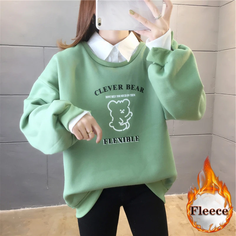 

winter clothes women fleece Hoodies Fake Two-piece Thicken warm Hoodie cartoon sweatshirt Pullovers Harajuku Casual streetwear