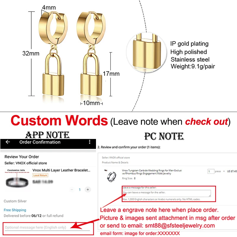 Custom ED-364G-L Vnox персонализированные серьги Huggie с первоначальным замком для женщин, висячие серьги из нержавеющей стали, Заказные ювелирные изделия с надписью Sister Candid - Окраска металла: Custom ED-364G-L