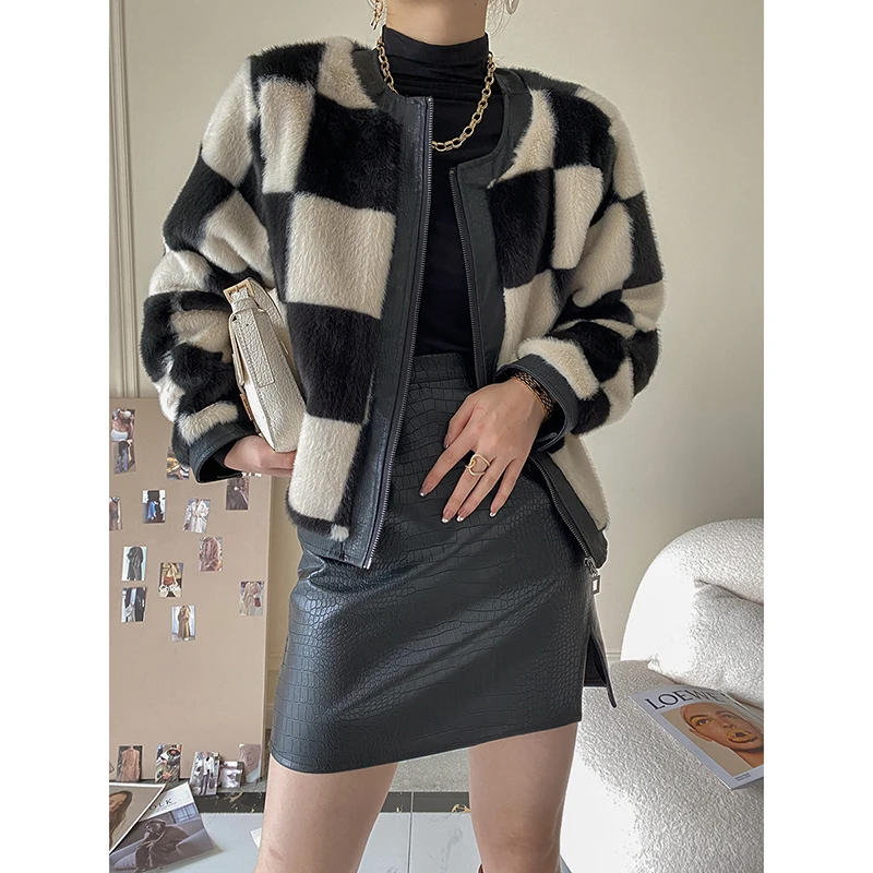 Checkerboard Fur Coat Women Round Neck Soft Zipper Fur Coats Korean Fashion 2022 Autumn Elegant Plaid Luxury Fur Jacket Female