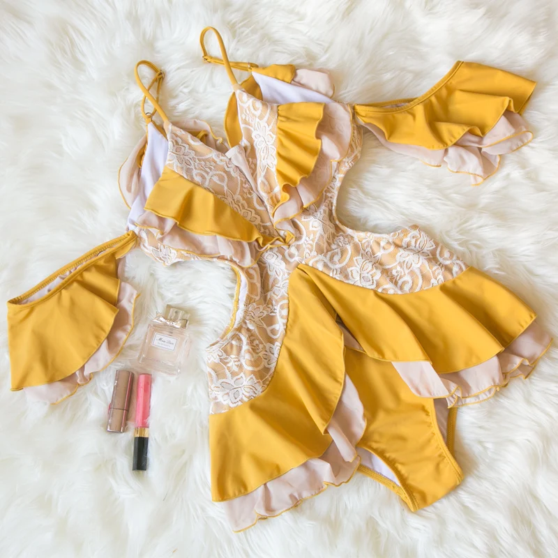 Купальник женский цельный боди 2020 желтый купальник кружевной сексуальный V