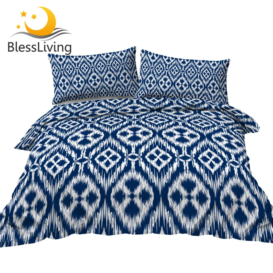 

BlessLiving Tribal Bedding Watercolor Duvet Cover Set Classic Blue White Quilt Cover Geometric Bedspreads Boho Style Beddengoed