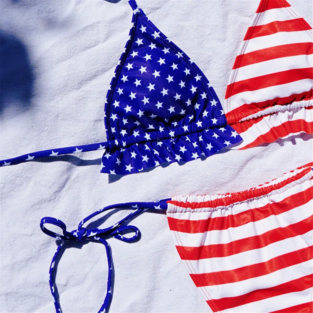 

Flag Print Bikini Set Women Patchwork Bathing Suit Sexy Lace Up Swimming Suit For Women Push-Up Padded Bra Swimsuit Beach Wear