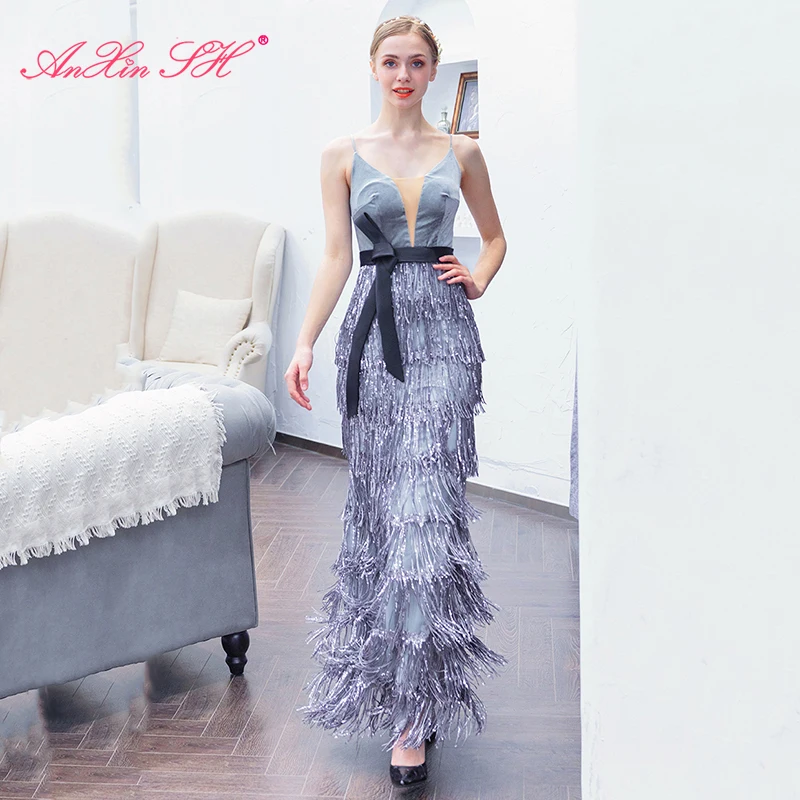 AnXin SH роскошное серое вечернее платье принцессы Русалка винтажное на тонких