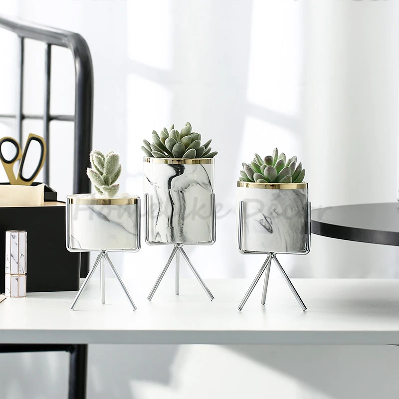 Набор из 3 шт. белых мраморных керамических цветочных горшков с железной